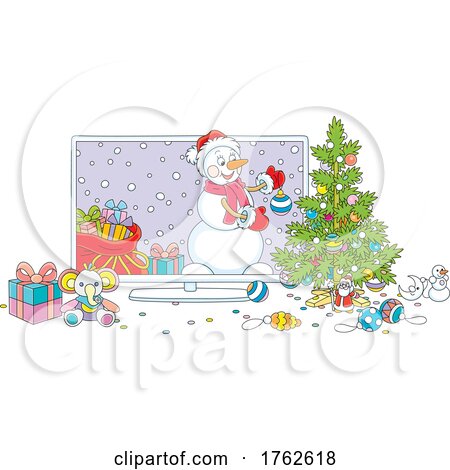 Snowman Emerging from a TV and Decorating a Christmas Tree by Alex Bannykh