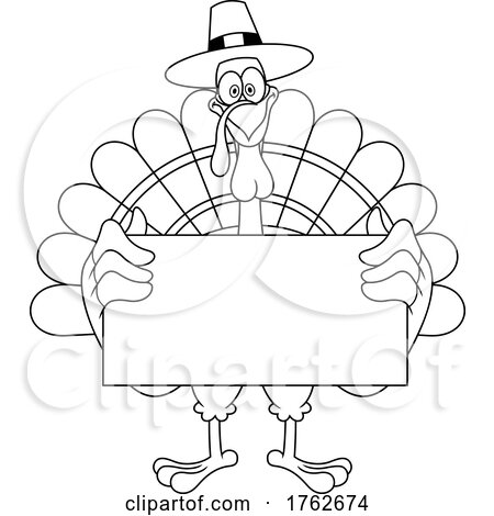 Black and White Thanksgiving Turkey Mascot with a Blank Sign by Hit Toon
