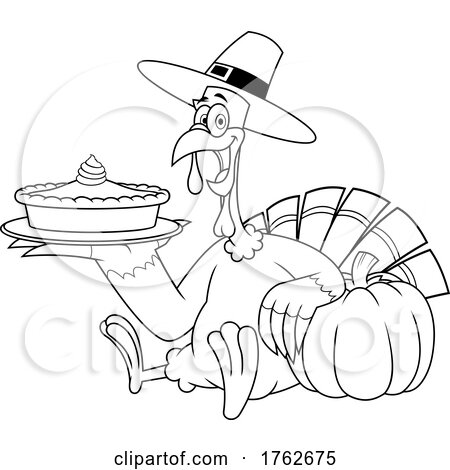 Black and White Thanksgiving Turkey Mascot Holding a Pumpkin Pie by Hit Toon