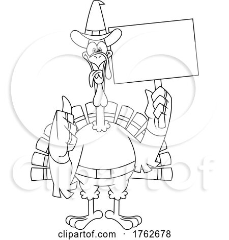 Black and White Thanksgiving Turkey Mascot with a Blank Sign by Hit Toon