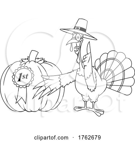 Black and White Thanksgiving Turkey Mascot Presenting a Winning Pumpkin by Hit Toon