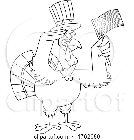 Black and White Patriotic Turkey Mascot Holding an American Flag by Hit Toon