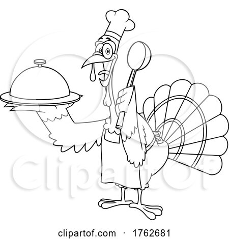 Black and White Turkey Mascot Chef Holding a Ladle and Cloche by Hit Toon