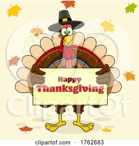 Turkey Mascot Holding a Happy Thanksgiving Sign by Hit Toon