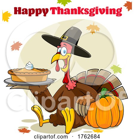 Turkey Mascot Holding a Pumpkin Pie with Happy Thanksgiving Text by Hit Toon