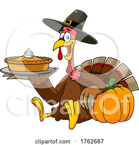 Thanksgiving Turkey Mascot Holding a Pumpkin Pie by Hit Toon