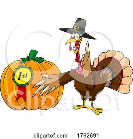 Thanksgiving Turkey Mascot Presenting a Winning Pumpkin by Hit Toon