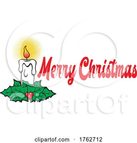 Lit Candle with Holly and Merry Christmas Text by Johnny Sajem