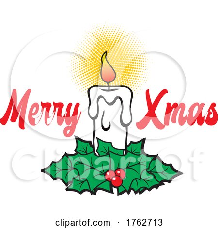 Lit Candle with Holly and Merry Xmas Text by Johnny Sajem