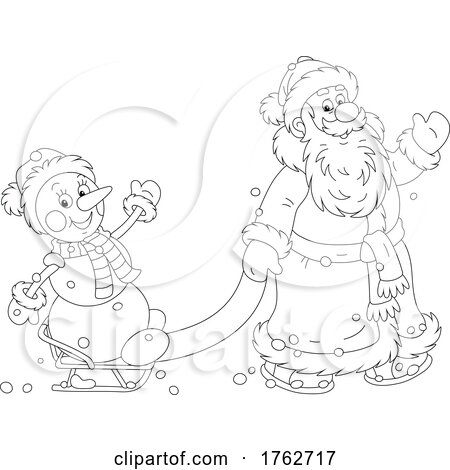 Black and White Santa Claus Pulling a Snowman on a Sled by Alex Bannykh