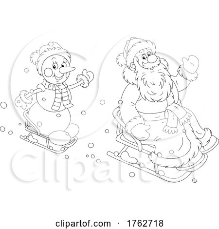Black and White Santa Claus Sledding with a Snowman by Alex Bannykh