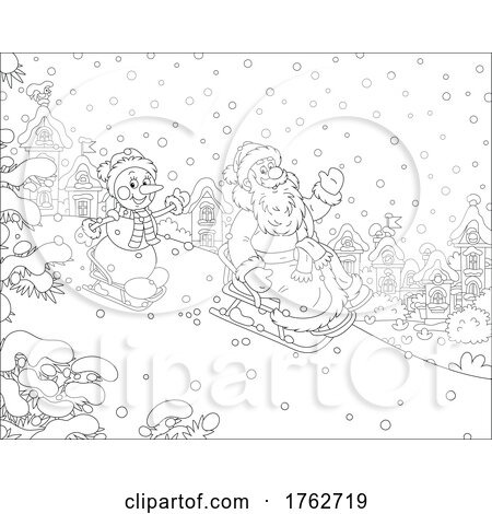 Black and White Santa Claus Sledding with a Snowman by Alex Bannykh