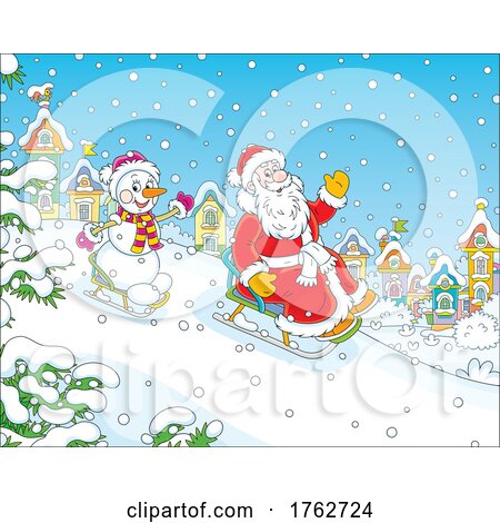 Santa Claus Sledding with a Snowman by Alex Bannykh