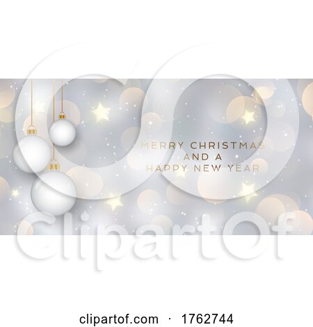 Christmas and New Year Banner with Gold Stars and Hanging Baubles by KJ Pargeter