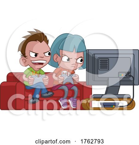 Kids Gamers Playing Video Games Console Cartoon by AtStockIllustration