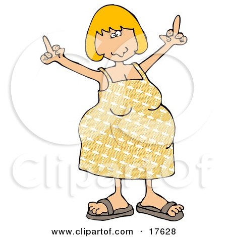 An Angry Blond Caucasian Pregnant Woman In A Yellow Dress And Sandals, Using Both Hands To Flip People Off While Her Hormones Flare Clipart Illustration by djart