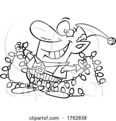 Black and White Cartoon Happy Christmas Elf Holding Lights by toonaday