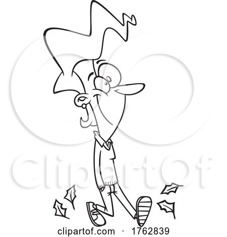 Black and White Cartoon Happy Woman Taking a Walk in Autumn by toonaday