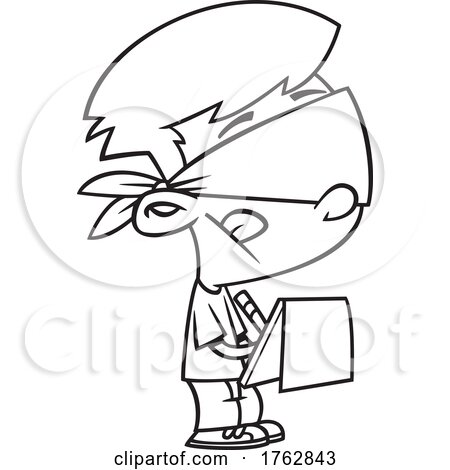 Black and White Cartoon Boy Folding out a Survey with a Blindfold by toonaday
