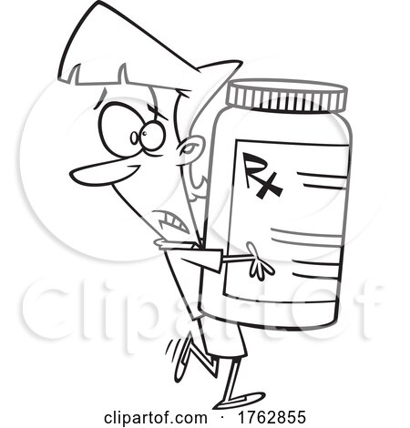 Black and White Cartoon Woman Carrykng a Huge Prescription Bottle by toonaday