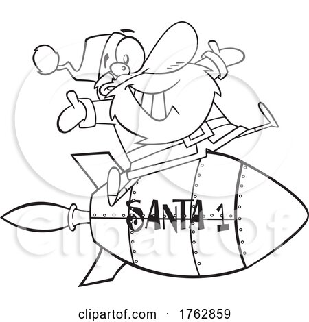 Black and White Cartoon Santa Riding a Rocket by toonaday