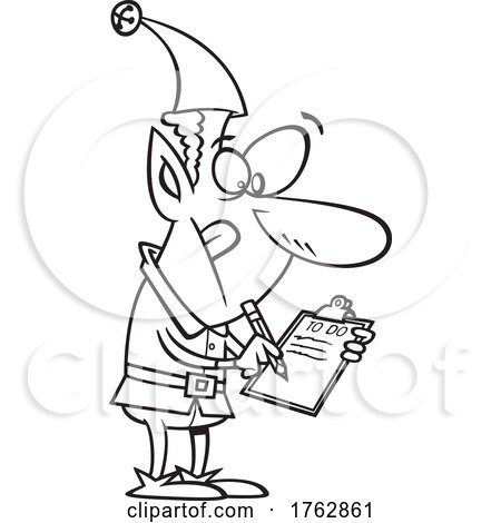 Black and White Cartoon Christmas Elf Writing a to Do List by toonaday