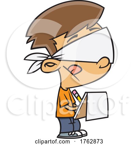 Cartoon Boy Folding out a Survey with a Blindfold by toonaday