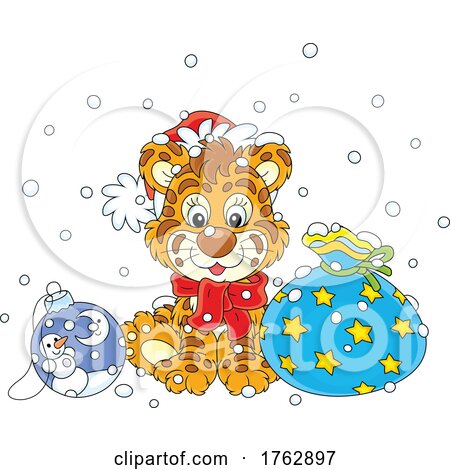 Cute Tiger Christmas Cub with a Bauble and Sack by Alex Bannykh