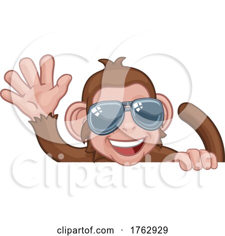 Monkey Sunglasses Cartoon Animal Sign Waving by AtStockIllustration