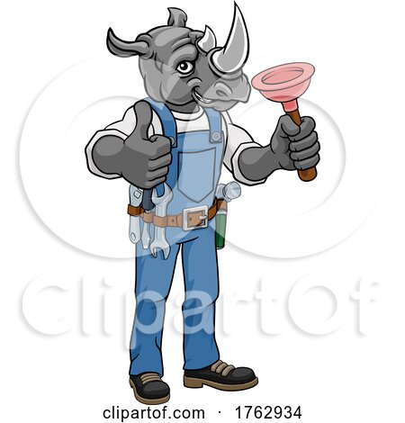 Rhino Plumber Cartoon Mascot Holding Plunger by AtStockIllustration