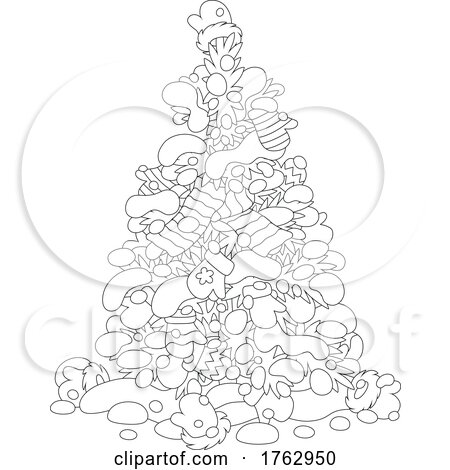 Black and White Decorated Christmas Tree with Scarves and Mittens in the Snow by Alex Bannykh