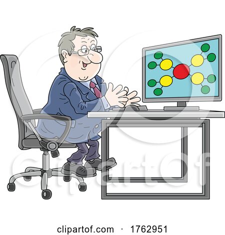 Cartoon Businessman Looking at a Computer Model of a MLM Pyramid Scheme by Alex Bannykh