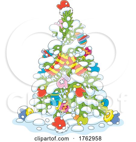 Decorated Christmas Tree with Scarves and Mittens in the Snow by Alex Bannykh