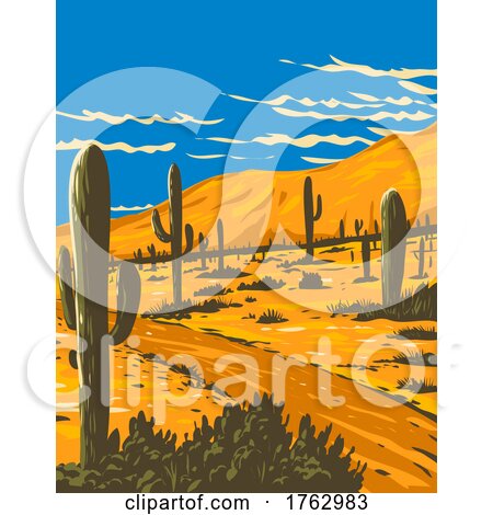 Picacho Peak State Park with with Saguaro Cactus in Picacho Arizona USA WPA Poster Art by patrimonio