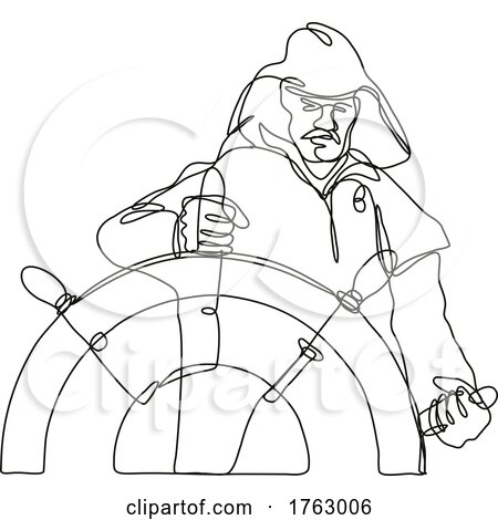 Skipper Fisherman Helmsman or Ship Captain at the Helm Front View Continuous Line Drawing by patrimonio