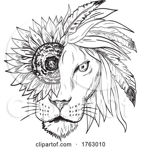 Lion with Sunflower Helianthus Feather and Leaves As Mane Viewed from Front Tattoo Drawing Black and White by patrimonio