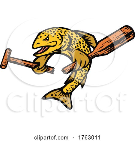 Brown Trout or Finnock Breaking a Paddle Cartoon Mascot Color by patrimonio