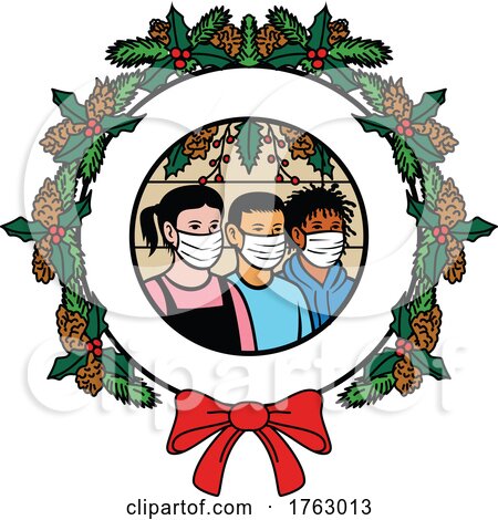 Children of Different Ethnicity Wearing Face Mask Healthy Holidays Wreath Circle Retro Color by patrimonio