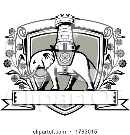 Coat of Arms with Elephant Wearing Saddle with Castle Tower and Wattle Flower Retro Woodcut Style by patrimonio