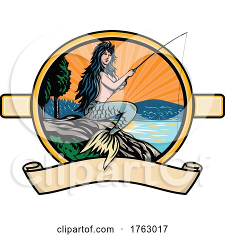 Mermaid or Siren with Fishing Rod and Reel Fly Fishing on Lake Oval Retro Style by patrimonio