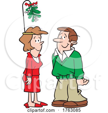 Cartoon Woman Wearing a Christmas Mistletoe Headband by a Man by Johnny Sajem