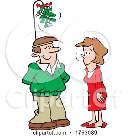 Cartoon Man Wearing a Christmas Mistletoe Headband by a Woman by Johnny Sajem