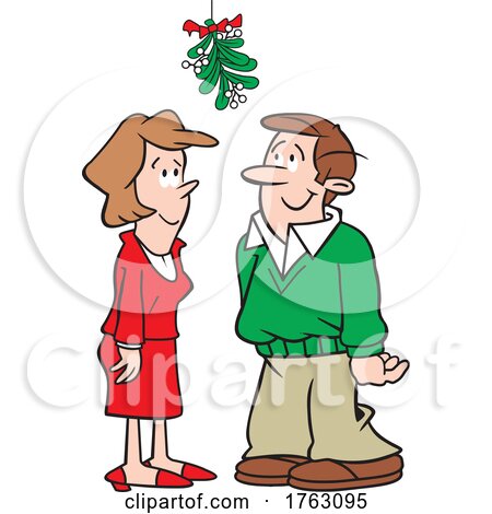 Cartoon Couple Looking up Under Christmas Mistletoe by Johnny Sajem