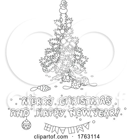 Black and White Merry Christmas and Happy New Year Greeting with a Tree by Alex Bannykh
