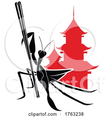 Mantis with Chopsticks and Temple by Vector Tradition SM