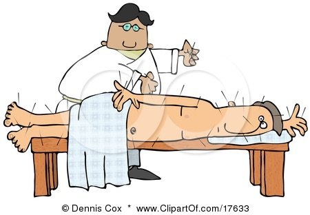 Male Chinese Acupuncturist Doctor Preparing To Insert Another Acupuncture Needle Into A Male Caucasian Patient's Back Clipart Illustration by djart