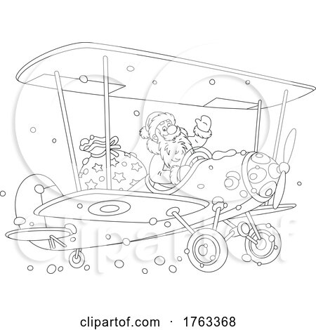Black and White Cartoon Santa Flying a Biplane by Alex Bannykh