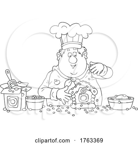 Black and White Cartoon Chubby Chef Making a Christmas Gingerbread House by Alex Bannykh