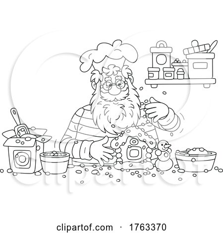 Black and White Cartoon Santa Making a Gingerbread House by Alex Bannykh