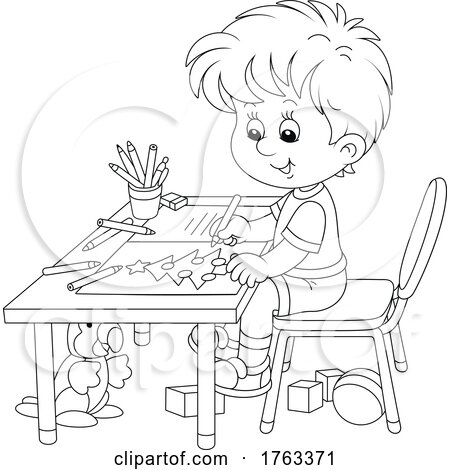 Black and White Cartoon Boy Coloring a Christmas Card by Alex Bannykh